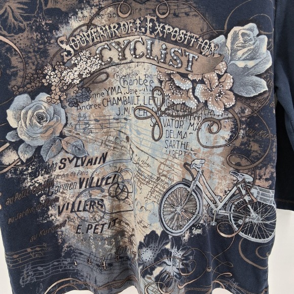 CJ Banks Plus Size X Embellished Graphic Top Bicycle Roses Rhinestones USA Made - Picture 3 of 12